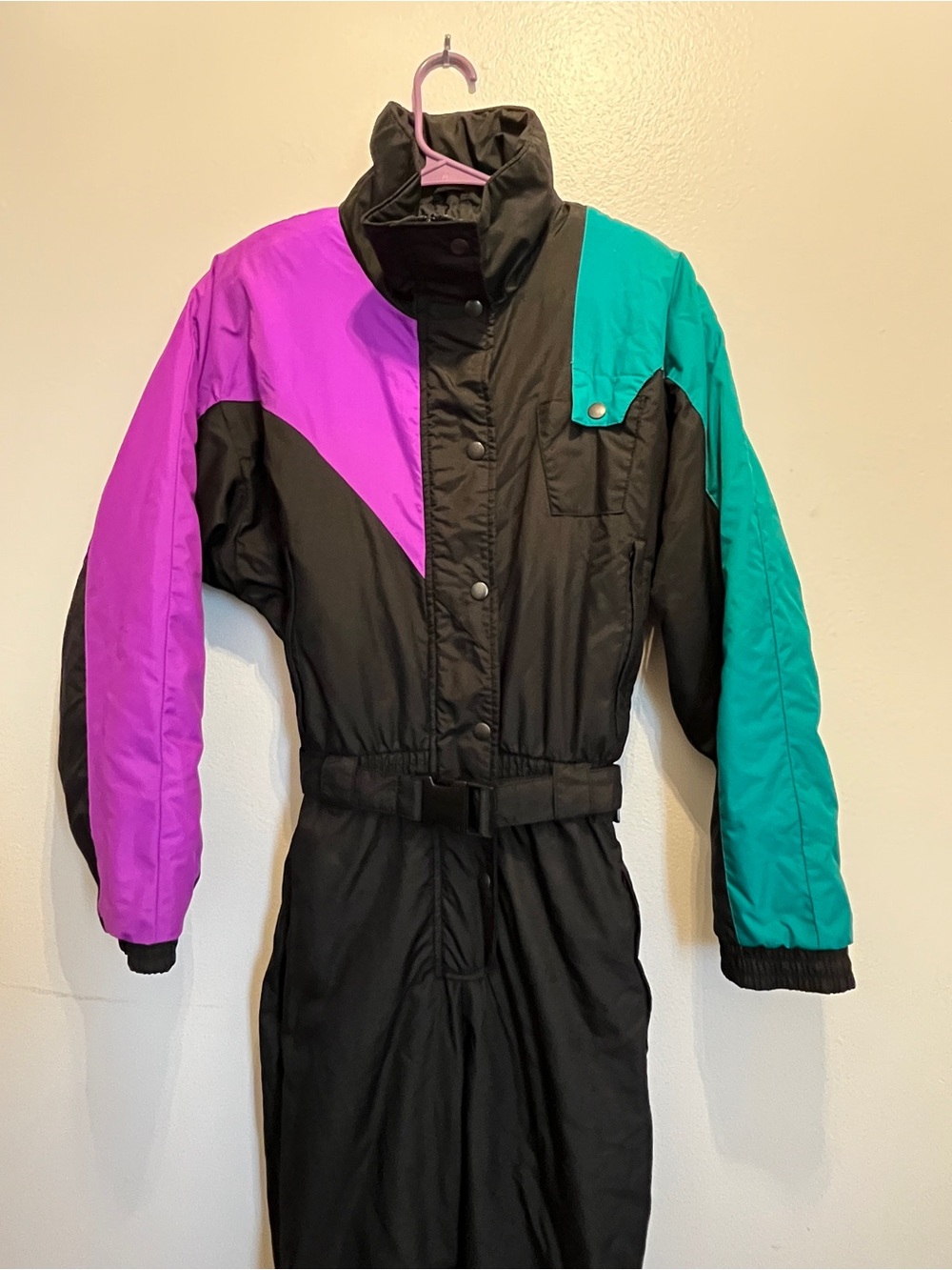 Vintage 80s 90s Black Ski Jumpsuit with Teal & Purple Colorblock White Fir 12 - Picture 2 of 9